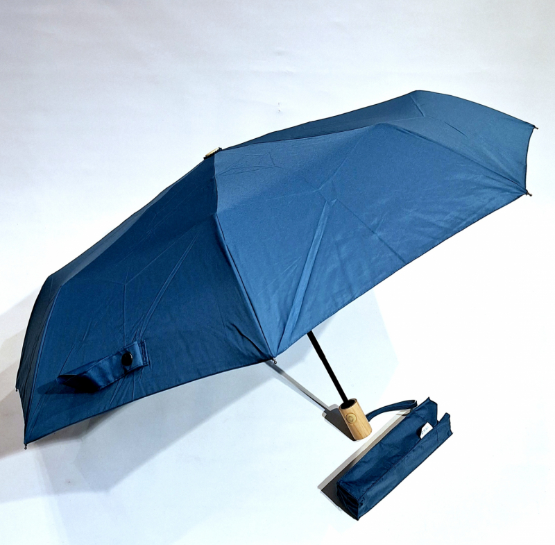 Mini parapluie pliant automatique open close uni bleu vert Tissu recyclé pg bois Smati- Solide & pas cher