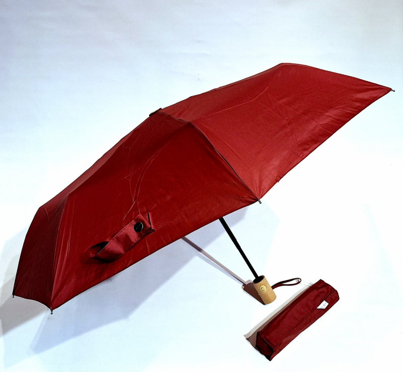 Mini parapluie pliant ouvrant fermant uni bordeaux tissu recyclé pg bois Smati- Solide & pas cher