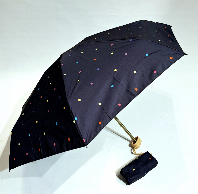 Micro parapluie plat poignée bois manuel bleu marine imprimé de pois fin coloré - Français Vaux - léger & solide