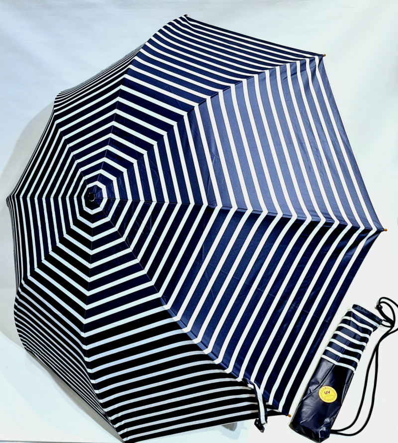 Grand parapluie golf pliant bleu marine & blanc marinière housse sac à dos français - Tissu anti uv 100% - Large130cm - Randonneur