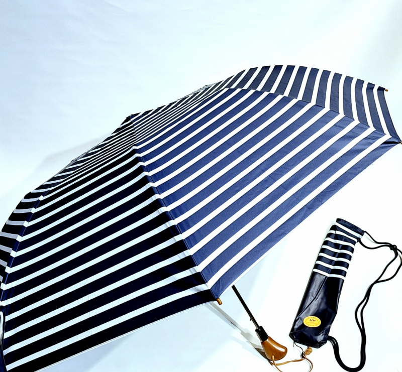 Grand parapluie golf pliant bleu marine & blanc marinière housse sac à dos français - Tissu anti uv 100% - Large130cm - Randonneur