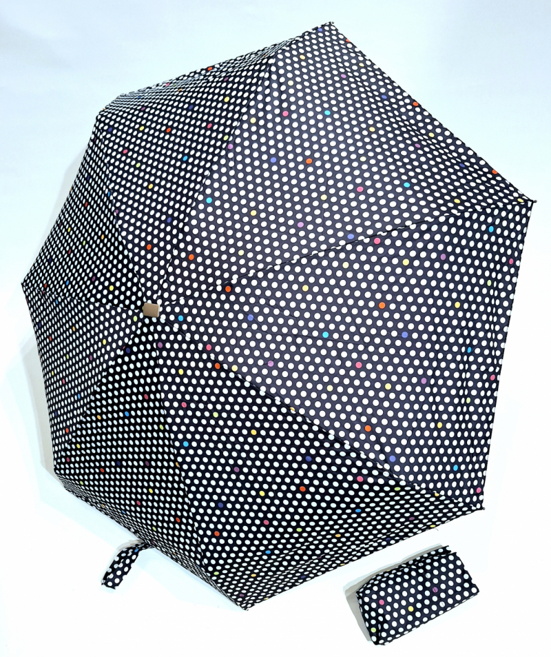 Parapluie micro de poche plat Poignée bois pliant noir imprimé de pois blanc français - Léger & solide