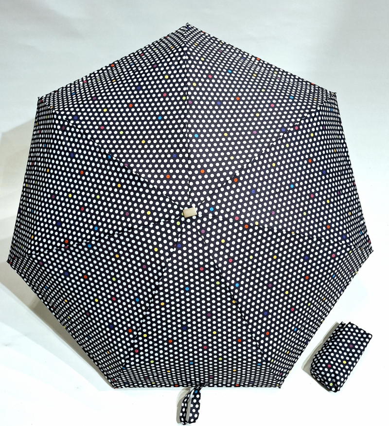 Parapluie micro de poche plat Poignée bois pliant noir imprimé de pois blanc français - Léger & solide