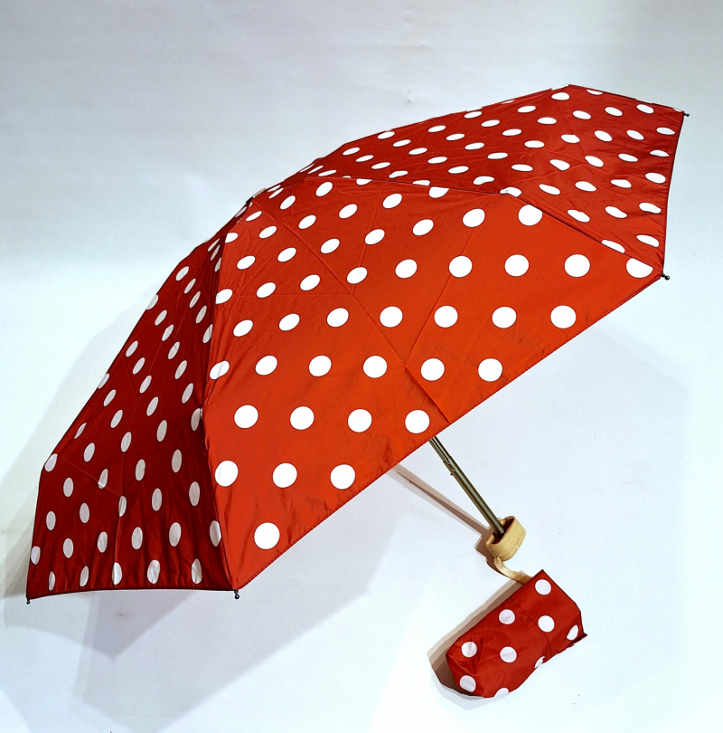 Petit parapluie plat manuel rouge imprimé pois blanc - Poignée bois - Français Vaux - Léger & résistant 7 branches