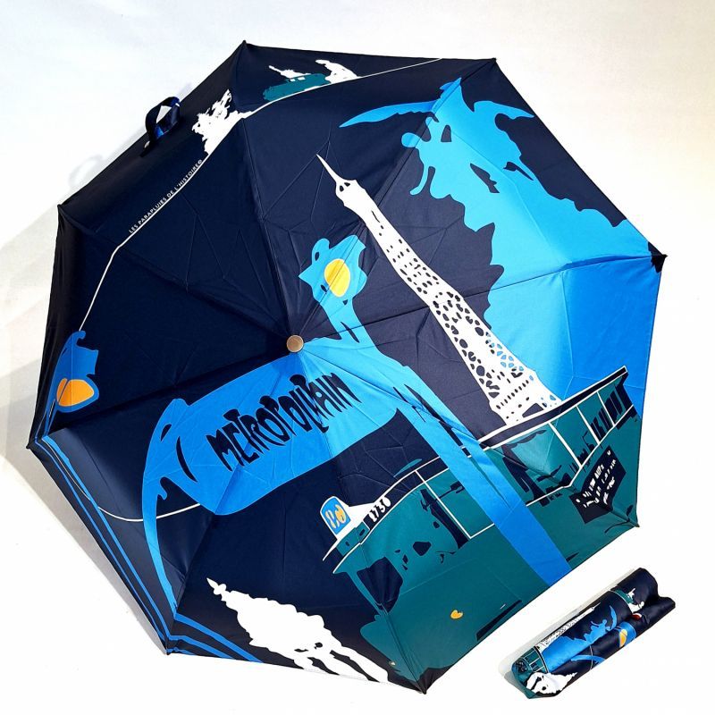 Parapluie mini pliable bleu imprimé vieux Paris Metro & bus - Vaux - Grand & original