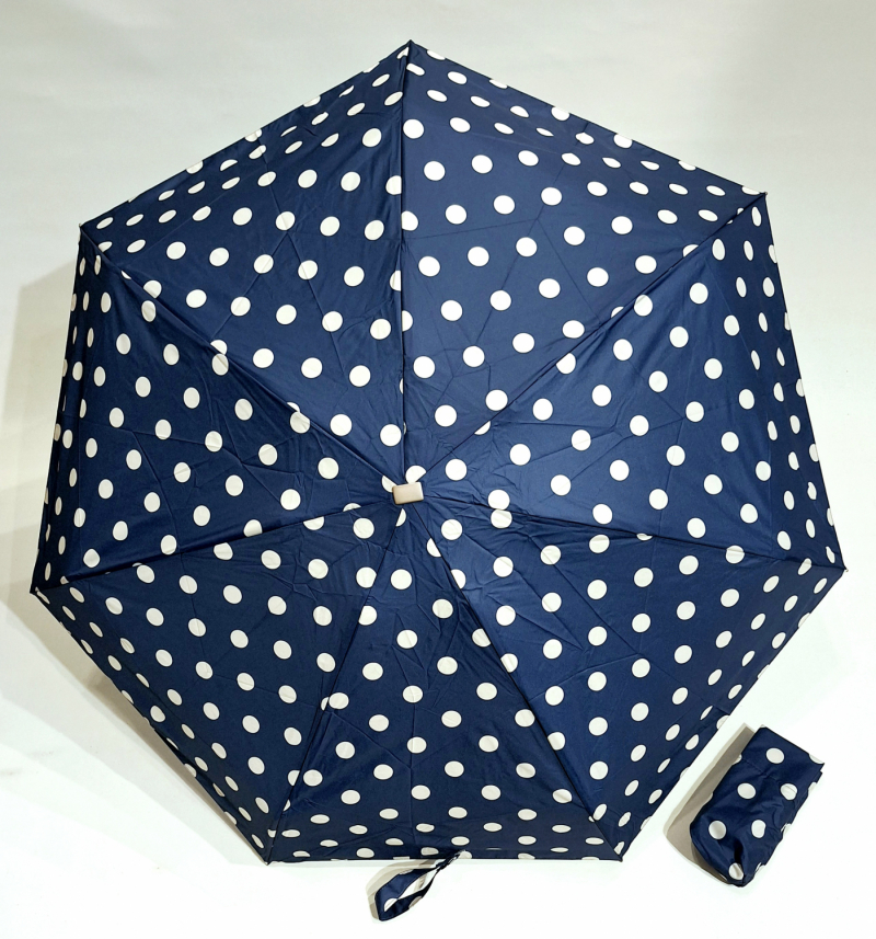 Parapluie de poche plat bleu marine imprimé pois blanc - Poignée bois - Français Vaux - léger & résistant