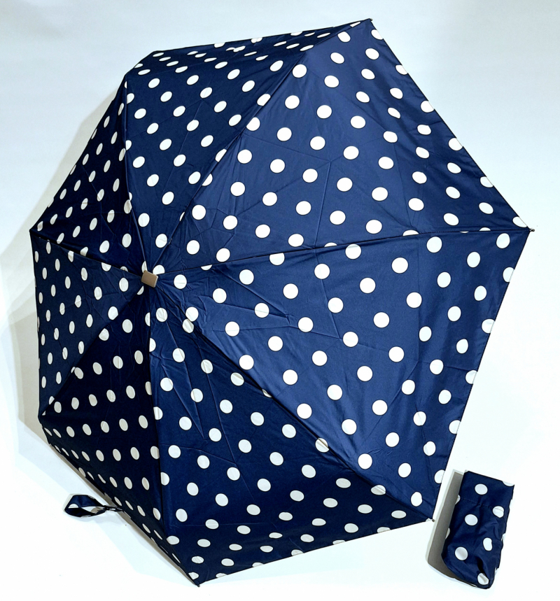 Parapluie de poche plat bleu marine imprimé pois blanc - Poignée bois - Français Vaux - léger & résistant